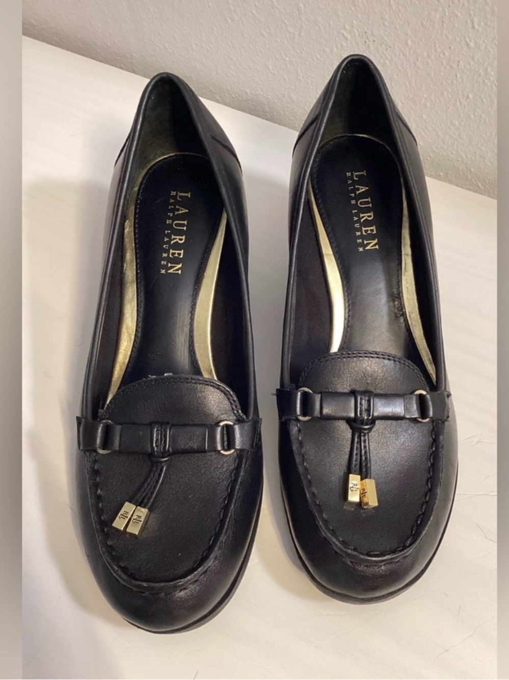 Lauren Ralph Lauren Black Leather Tassel Loafers with Gold Accents